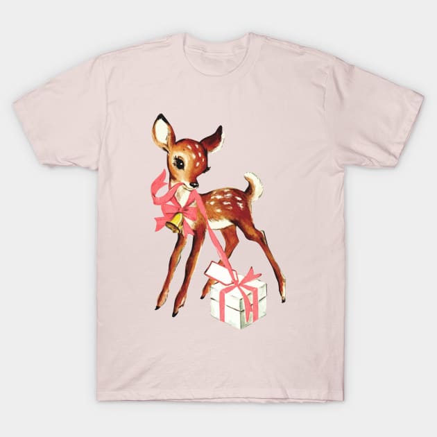 Retro Christmas Reindeer with Gift T-Shirt by PUFFYP